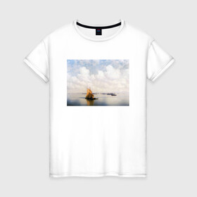 Женская футболка хлопок с принтом картина Айвазовского в Тюмени, 100% хлопок | прямой крой, круглый вырез горловины, длина до линии бедер, слегка спущенное плечо | айвазовский | корабль | море | облака | рисунок
