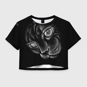 Женская футболка Crop-top 3D с принтом Волшебный кот в Тюмени, 100% полиэстер | круглая горловина, длина футболки до линии талии, рукава с отворотами | Тематика изображения на принте: black | cat | eyes | kitten | kitty | pussy | pussycat | взгляд | глаз | глаза | кот | кота | котенок | коты | котят | котята | котячьи | кошачьи | кошка | кошки | мордочка | нос | носик | с котом | усатый | усики | усища | усищи | че