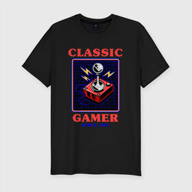 Мужская футболка премиум с принтом Classic Gamer в Тюмени, 92% хлопок, 8% лайкра | приталенный силуэт, круглый вырез ворота, длина до линии бедра, короткий рукав | 8 bit | 8 бит | 8bit | 8бит | boomer | dendy | game | gamer | games | geek | joystick | nerd | oldschool | sega | бумер | гик | дед | денди | джойстик | для гика | для гиков | игра | игры | классика | классические | нерд | олдскул | с