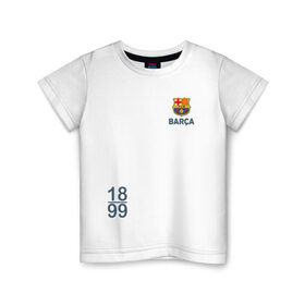 Детская футболка хлопок с принтом FC Barcelona | 18/99 (2021) в Тюмени, 100% хлопок | круглый вырез горловины, полуприлегающий силуэт, длина до линии бедер | Тематика изображения на принте: 0x000000123 | barca | barcelona | fcb | messi | барса | барселона | месси | фкб