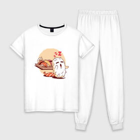 Женская пижама хлопок с принтом Суши Лунатик в Тюмени, 100% хлопок | брюки и футболка прямого кроя, без карманов, на брюках мягкая резинка на поясе и по низу штанин | cute | dream | i love | roll | rolls | sleeping | sleepwalker | sushi | вкусные | во сне | лунатизм | лунатик | люблю | милые | нямка | одеялко | одеяло | прикольные | проснулся | рис | ролл | роллы | с рисом | с семгой | семга | спит