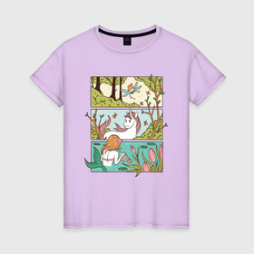 Женская футболка хлопок с принтом Зачарованный лес в Тюмени, 100% хлопок | прямой крой, круглый вырез горловины, длина до линии бедер, слегка спущенное плечо | comics | comix | enchanted | fairy | forest | mermaid | unicorn | бабочка | в лесу | единорог | единорожка | зачарованный | иллюстрация | комикс | красивая | лес | лесная | лесной | миф | мифические | природа | русалка