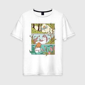 Женская футболка хлопок Oversize с принтом Зачарованный лес в Тюмени, 100% хлопок | свободный крой, круглый ворот, спущенный рукав, длина до линии бедер
 | comics | comix | enchanted | fairy | forest | mermaid | unicorn | бабочка | в лесу | единорог | единорожка | зачарованный | иллюстрация | комикс | красивая | лес | лесная | лесной | миф | мифические | природа | русалка