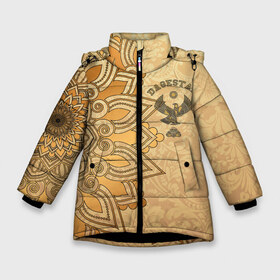 Зимняя куртка для девочек 3D с принтом Дагестан в золоте в Тюмени, ткань верха — 100% полиэстер; подклад — 100% полиэстер, утеплитель — 100% полиэстер. | длина ниже бедра, удлиненная спинка, воротник стойка и отстегивающийся капюшон. Есть боковые карманы с листочкой на кнопках, утяжки по низу изделия и внутренний карман на молнии. 

Предусмотрены светоотражающий принт на спинке, радужный светоотражающий элемент на пуллере молнии и на резинке для утяжки. | dagestan | eagle | flag | kavkaz | power | абдулманап | боец | бойцы | борец | борьба | брат | герб | даг | дагестан | за брата | кавказ | кавказец | лучше умереть на ногах | нурмагомедов | опасный | орел | пацанская