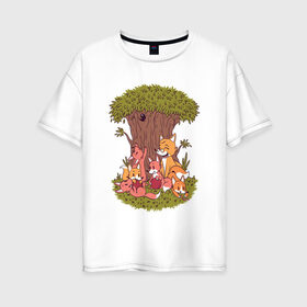 Женская футболка хлопок Oversize с принтом Семья лисичек в Тюмени, 100% хлопок | свободный крой, круглый ворот, спущенный рукав, длина до линии бедер
 | bird | cute | family | forest | fox | foxes | happy | tree | trees | в лесу | дерево | деревья | забавная | забавные | красивая | лес | лесная | лиса | лисичка | лисички | лисы | милая | милое | милые | птица | птичка | рисунок