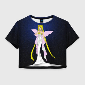 Женская футболка Crop-top 3D с принтом Принцесса Серенити в Тюмени, 100% полиэстер | круглая горловина, длина футболки до линии талии, рукава с отворотами | bunny | luna | princess | sailormoon | serenity | stars | tsukino | usagi | wings | ангел | девушка | детские | звездная | звезды | королева | корона | космические | крылья | луна | любовь | малышка | радуга | сейлормун | токио | усаги