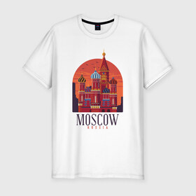 Мужская футболка премиум с принтом Moscow Москва в Тюмени, 92% хлопок, 8% лайкра | приталенный силуэт, круглый вырез ворота, длина до линии бедра, короткий рукав | Тематика изображения на принте: basil | church | city | kremlin | moscow | russia | saint | st basil church | symbol | василия блаженного | город | города | достопримечательности | достопримечательность | красная площадь | кремль | москва | отдых | россия | символ