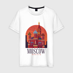 Мужская футболка хлопок с принтом Moscow Москва в Тюмени, 100% хлопок | прямой крой, круглый вырез горловины, длина до линии бедер, слегка спущенное плечо. | basil | church | city | kremlin | moscow | russia | saint | st basil church | symbol | василия блаженного | город | города | достопримечательности | достопримечательность | красная площадь | кремль | москва | отдых | россия | символ