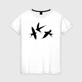 Женская футболка хлопок с принтом Ласточки в Тюмени, 100% хлопок | прямой крой, круглый вырез горловины, длина до линии бедер, слегка спущенное плечо | ласточка | ласточки | плица | птицы | птичка | силуэт ласточек