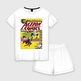 Женская пижама с шортиками хлопок с принтом Action comics в Тюмени, 100% хлопок | футболка прямого кроя, шорты свободные с широкой мягкой резинкой | man | steel | superman | vdzajul | супермен | супермэн