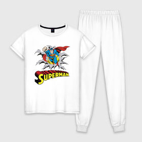 Женская пижама хлопок с принтом Superman в Тюмени, 100% хлопок | брюки и футболка прямого кроя, без карманов, на брюках мягкая резинка на поясе и по низу штанин | man | steel | superman | vdzajul | супермен | супермэн
