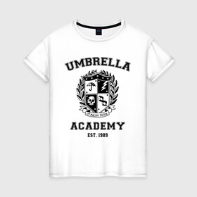 Женская футболка хлопок с принтом The Umbrella Academy в Тюмени, 100% хлопок | прямой крой, круглый вырез горловины, длина до линии бедер, слегка спущенное плечо | the umbrella academy | umbrella | академия амбрелла | амбрелла | герб | зонтик