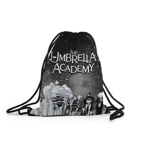 Рюкзак-мешок 3D с принтом The Umbrella Academy в Тюмени, 100% полиэстер | плотность ткани — 200 г/м2, размер — 35 х 45 см; лямки — толстые шнурки, застежка на шнуровке, без карманов и подкладки | the umbrella academy | umbrella | академия амбрелла | амбрелла | герб | зонтик