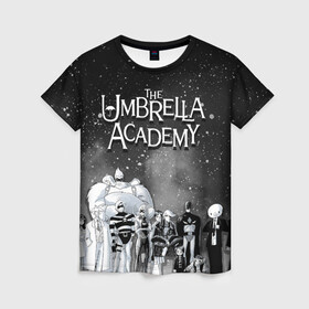 Женская футболка 3D с принтом The Umbrella Academy в Тюмени, 100% полиэфир ( синтетическое хлопкоподобное полотно) | прямой крой, круглый вырез горловины, длина до линии бедер | the umbrella academy | umbrella | академия амбрелла | амбрелла | герб | зонтик