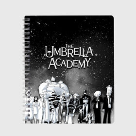 Тетрадь с принтом The Umbrella Academy в Тюмени, 100% бумага | 48 листов, плотность листов — 60 г/м2, плотность картонной обложки — 250 г/м2. Листы скреплены сбоку удобной пружинной спиралью. Уголки страниц и обложки скругленные. Цвет линий — светло-серый
 | Тематика изображения на принте: the umbrella academy | umbrella | академия амбрелла | амбрелла | герб | зонтик