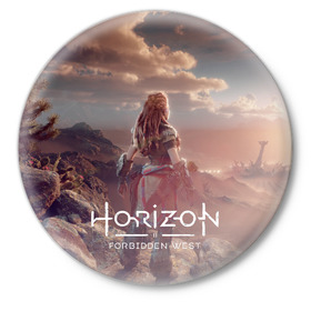 Значок с принтом Horizon Forbidden West в Тюмени,  металл | круглая форма, металлическая застежка в виде булавки | aloy | guerrilla games | horizon forbidden west | hunt | zero dawn | горизонт | запретный запад | игры | нулевой рассвет | охота | элой