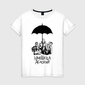 Женская футболка хлопок с принтом Академия Амбрелла в Тюмени, 100% хлопок | прямой крой, круглый вырез горловины, длина до линии бедер, слегка спущенное плечо | the umbrella academy | umbrella | академия амбрелла | амбрелла | герб | зонтик