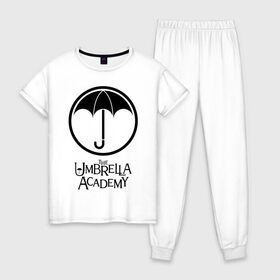 Женская пижама хлопок с принтом Академия Амбрелла в Тюмени, 100% хлопок | брюки и футболка прямого кроя, без карманов, на брюках мягкая резинка на поясе и по низу штанин | the umbrella academy | umbrella | академия амбрелла | амбрелла | герб | зонтик
