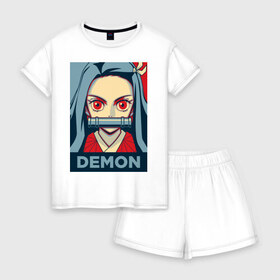 Женская пижама с шортиками хлопок с принтом Nezuko Kamado в Тюмени, 100% хлопок | футболка прямого кроя, шорты свободные с широкой мягкой резинкой | anime | nezuko | клинок рассекающий демонов