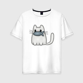 Женская футболка хлопок Oversize с принтом Котенок с рыбкой в Тюмени, 100% хлопок | свободный крой, круглый ворот, спущенный рукав, длина до линии бедер
 | детские | животные | звери | картинки | коты | кошки | мультфильмы | позитив | популярные | прикольные | рыба