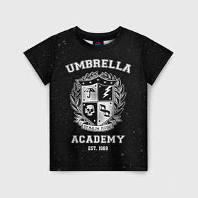 Детская футболка 3D с принтом Академия Амбрелла в Тюмени, 100% гипоаллергенный полиэфир | прямой крой, круглый вырез горловины, длина до линии бедер, чуть спущенное плечо, ткань немного тянется | the umbrella academy | umbrella | академия амбрелла | амбрелла | герб | зонтик