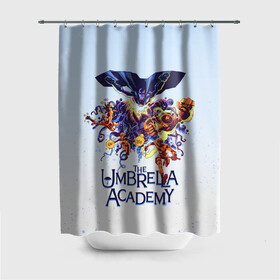 Штора 3D для ванной с принтом Академия Амбрелла в Тюмени, 100% полиэстер | плотность материала — 100 г/м2. Стандартный размер — 146 см х 180 см. По верхнему краю — пластиковые люверсы для креплений. В комплекте 10 пластиковых колец | the umbrella academy | umbrella | академия амбрелла | амбрелла | зонтик | комиксы
