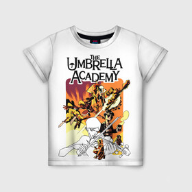 Детская футболка 3D с принтом Академия Амбрелла в Тюмени, 100% гипоаллергенный полиэфир | прямой крой, круглый вырез горловины, длина до линии бедер, чуть спущенное плечо, ткань немного тянется | the umbrella academy | umbrella | академия амбрелла | амбрелла | зонтик | комиксы
