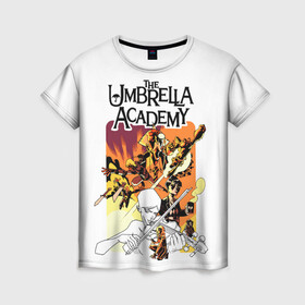 Женская футболка 3D с принтом Академия Амбрелла в Тюмени, 100% полиэфир ( синтетическое хлопкоподобное полотно) | прямой крой, круглый вырез горловины, длина до линии бедер | the umbrella academy | umbrella | академия амбрелла | амбрелла | зонтик | комиксы