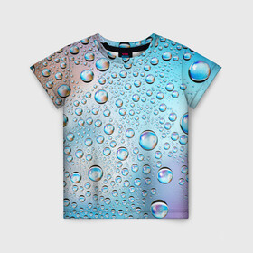 Детская футболка 3D с принтом Капли голубой роса стекло вода в Тюмени, 100% гипоаллергенный полиэфир | прямой крой, круглый вырез горловины, длина до линии бедер, чуть спущенное плечо, ткань немного тянется | вода | градиент | для всех | дождь | капли | летний | на каждый день | обычный | окно | поверхность | повседневный | размытость | роса | стекло