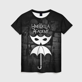 Женская футболка 3D с принтом Академия Амбрелла в Тюмени, 100% полиэфир ( синтетическое хлопкоподобное полотно) | прямой крой, круглый вырез горловины, длина до линии бедер | the umbrella academy | umbrella | академия амбрелла | амбрелла | герб | зонтик