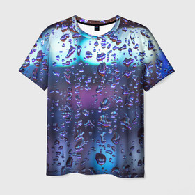 Мужская футболка 3D с принтом Капли на стекле макро в Тюмени, 100% полиэфир | прямой крой, круглый вырез горловины, длина до линии бедер | брызги | вода | градиент | дождь | капли | макро | поверхность | повседневный | роса | стекло | текстура