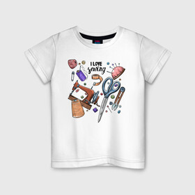 Детская футболка хлопок с принтом I love sewing в Тюмени, 100% хлопок | круглый вырез горловины, полуприлегающий силуэт, длина до линии бедер | Тематика изображения на принте: handmade | иголка | рука | хэндмэйд | швея | шить