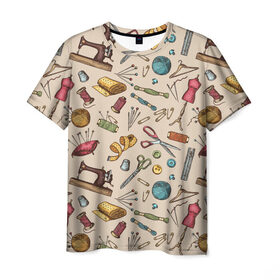Мужская футболка 3D с принтом предметы шитья в Тюмени, 100% полиэфир | прямой крой, круглый вырез горловины, длина до линии бедер | handmade | иголка | инструменты для шитья | хэндмэйд | швея | шить