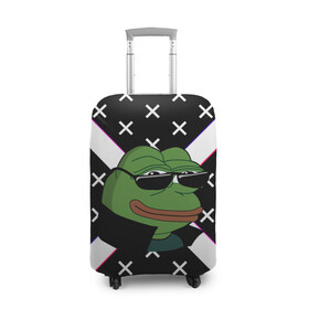 Чехол для чемодана 3D с принтом Pepe в очках EZ в Тюмени, 86% полиэфир, 14% спандекс | двустороннее нанесение принта, прорези для ручек и колес | ez | glitch | pepe | pepe frog | pepe в очках | silvername | twitch emout | жабка в очках | крестики
