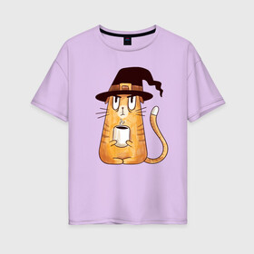 Женская футболка хлопок Oversize с принтом Сердитый котик с кофе в Тюмени, 100% хлопок | свободный крой, круглый ворот, спущенный рукав, длина до линии бедер
 | cat | coffee | grumpy | hot | kitten | kitty | pussycat | witch | ароматный | в колпаке | в шляпе | ведьма | горячий | злой | кот | котик | котэ | кофе | кофеек | кошка | кружка | милый | не выспался | недовольный | прикол | сердитый