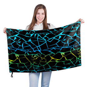 Флаг 3D с принтом НЕОНОВЫЙ ГРАДИЕНТ в Тюмени, 100% полиэстер | плотность ткани — 95 г/м2, размер — 67 х 109 см. Принт наносится с одной стороны | геометрия | градиент | лед | молнии | неон | пестрый | полосы | разлом | синий | спортивный | стекло | текстура