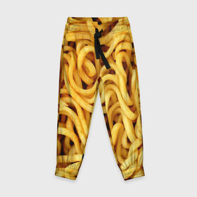 Детские брюки 3D с принтом Лапша в Тюмени, 100% полиэстер | манжеты по низу, эластичный пояс регулируется шнурком, по бокам два кармана без застежек, внутренняя часть кармана из мелкой сетки | доширак | еда | желтый | лапша | пища