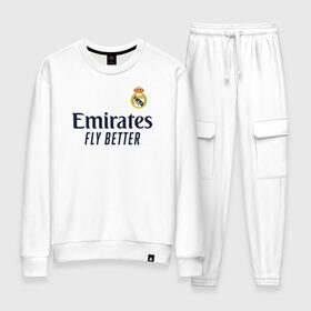 Женский костюм хлопок с принтом Real Madrid 2020/2021 в Тюмени, 100% хлопок | на свитшоте круглая горловина, мягкая резинка по низу. Брюки заужены к низу, на них два вида карманов: два 