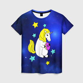 Женская футболка 3D с принтом Звездный Единорог в Тюмени, 100% полиэфир ( синтетическое хлопкоподобное полотно) | прямой крой, круглый вырез горловины, длина до линии бедер | angel | stars | unicorn | wings | ангел | блестящие | вселенная | галактика | детские | донат | еда | единорог | единорожки | звезды | копыта | космический | лошадка | лошадь | луна | малыш | неоновые | пегас | пони