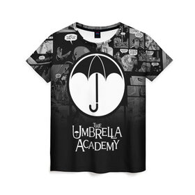 Женская футболка 3D с принтом Академия Амбрелла в Тюмени, 100% полиэфир ( синтетическое хлопкоподобное полотно) | прямой крой, круглый вырез горловины, длина до линии бедер | the umbrella academy | umbrella | академия амбрелла | амбрелла | герб | зонтик | комиксы