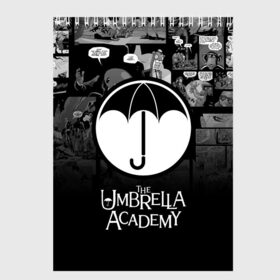 Скетчбук с принтом Академия Амбрелла в Тюмени, 100% бумага
 | 48 листов, плотность листов — 100 г/м2, плотность картонной обложки — 250 г/м2. Листы скреплены сверху удобной пружинной спиралью | the umbrella academy | umbrella | академия амбрелла | амбрелла | герб | зонтик | комиксы