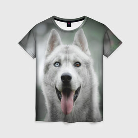 Женская футболка 3D с принтом Хаски в Тюмени, 100% полиэфир ( синтетическое хлопкоподобное полотно) | прямой крой, круглый вырез горловины, длина до линии бедер | dog | животные | пес | природа | собака | собаки | собакчка | собачки | хаски