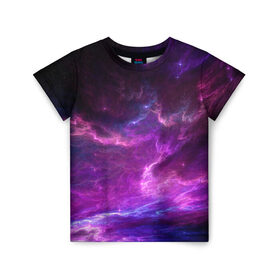 Детская футболка 3D с принтом Космическое небо в Тюмени, 100% гипоаллергенный полиэфир | прямой крой, круглый вырез горловины, длина до линии бедер, чуть спущенное плечо, ткань немного тянется | арт | звёзды | космос | облако | розовый | синий | сияние | туманность | фиолетовый | яркие цвета