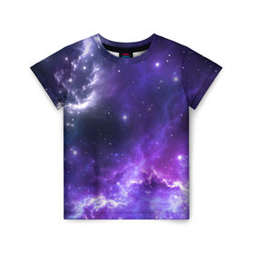 Детская футболка 3D с принтом Космическое небо в Тюмени, 100% гипоаллергенный полиэфир | прямой крой, круглый вырез горловины, длина до линии бедер, чуть спущенное плечо, ткань немного тянется | арт | белый | бирюзовый | звёзды | космос | облако | розовый | синий | сияние | тёмный | туманность | фиолетовый | яркие цвета