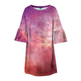 Детское платье 3D с принтом Космическое небо в Тюмени, 100% полиэстер | прямой силуэт, чуть расширенный к низу. Круглая горловина, на рукавах — воланы | Тематика изображения на принте: арт | желтый | звёзды | космос | облако | оранжевый | розовый | сияние | туманность | фиолетовый | яркие цвета