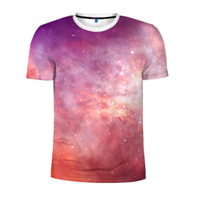 Мужская футболка 3D спортивная с принтом Космическое небо в Тюмени, 100% полиэстер с улучшенными характеристиками | приталенный силуэт, круглая горловина, широкие плечи, сужается к линии бедра | Тематика изображения на принте: арт | желтый | звёзды | космос | облако | оранжевый | розовый | сияние | туманность | фиолетовый | яркие цвета