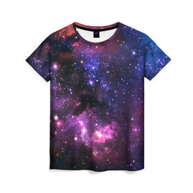 Женская футболка 3D с принтом Космическое небо в Тюмени, 100% полиэфир ( синтетическое хлопкоподобное полотно) | прямой крой, круглый вырез горловины, длина до линии бедер | Тематика изображения на принте: арт | звёзды | космос | красный | облако | розовый | синий | сияние | темный | туманность | фиолетовый | яркие цвета