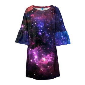 Детское платье 3D с принтом Космическое небо в Тюмени, 100% полиэстер | прямой силуэт, чуть расширенный к низу. Круглая горловина, на рукавах — воланы | Тематика изображения на принте: арт | звёзды | космос | красный | облако | розовый | синий | сияние | темный | туманность | фиолетовый | яркие цвета