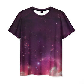 Мужская футболка 3D с принтом Космическая вспышка в Тюмени, 100% полиэфир | прямой крой, круглый вырез горловины, длина до линии бедер | Тематика изображения на принте: арт | желтый | звёзды | космос | красный | облако | розовый | сияние | фиолетовый | яркие цвета