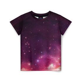 Детская футболка 3D с принтом Космическая вспышка в Тюмени, 100% гипоаллергенный полиэфир | прямой крой, круглый вырез горловины, длина до линии бедер, чуть спущенное плечо, ткань немного тянется | арт | желтый | звёзды | космос | красный | облако | розовый | сияние | фиолетовый | яркие цвета